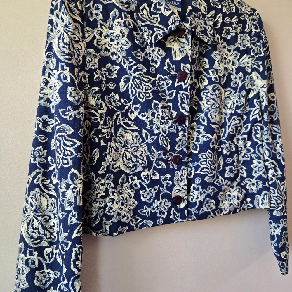 Vintage Pendleton Petite Blue Floral Cropped Blazer Jacket Size 10 Rayon - Picture 2 of 8